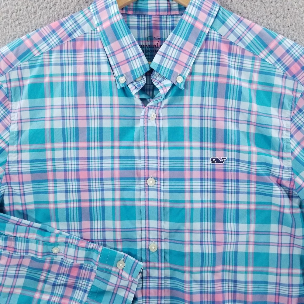 Vineyard Vines Shirt Mens Medium Blue Pink Plaid Performance Classic Fit Whale